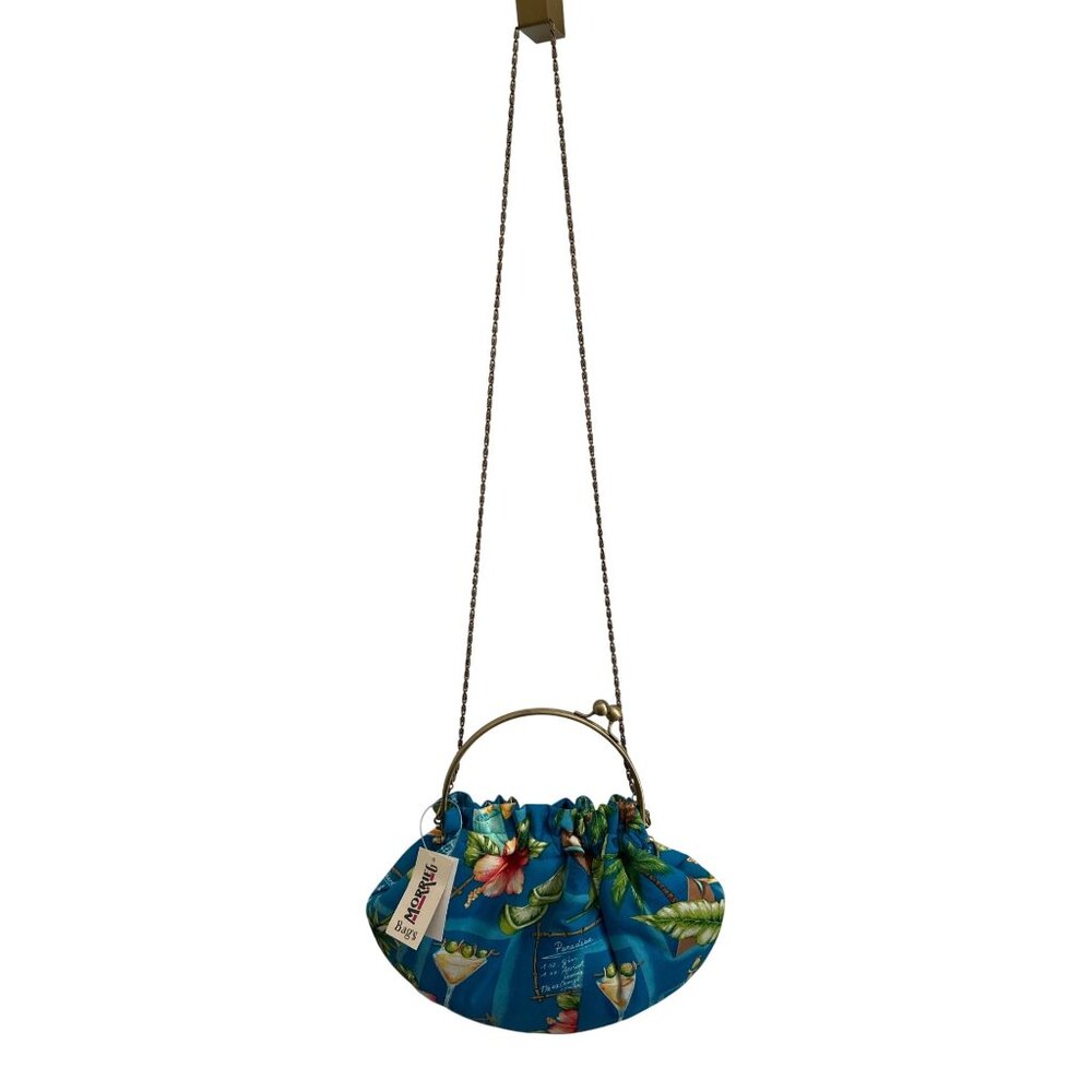 Morrieg Tropical Print Metal Frame Chain Strap Blue Floral Cocktail Design Bag